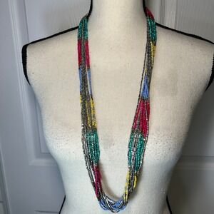 Multicolor Layered Beaded Necklace Silver Bar Toggle Boho Statement‎